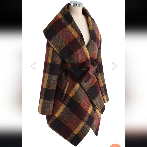 Chicwish Prairie Rabato Wrap Coat with Belt Wool Burgundy & Mustard Plaid - Picture 3 of 14